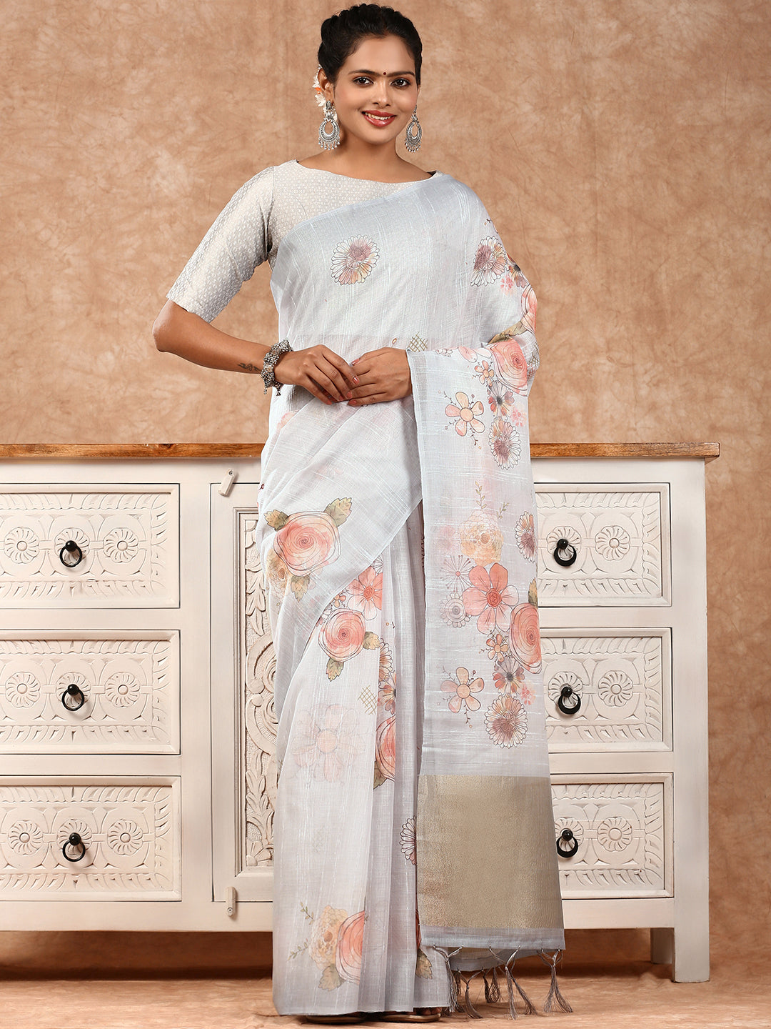 Women Semi Linen Saree Grey SL129