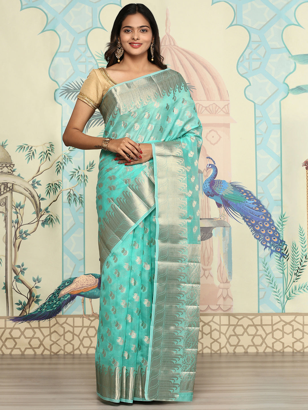 Women Semi Orgenza Weaving Saree Green SOS19