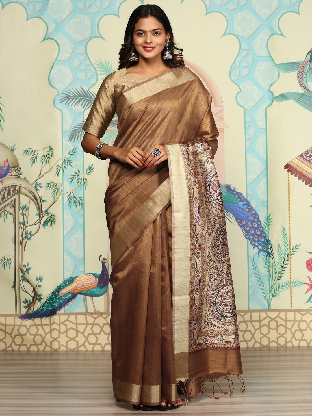 Women Semi Raw Silk Saree Brown SRS63