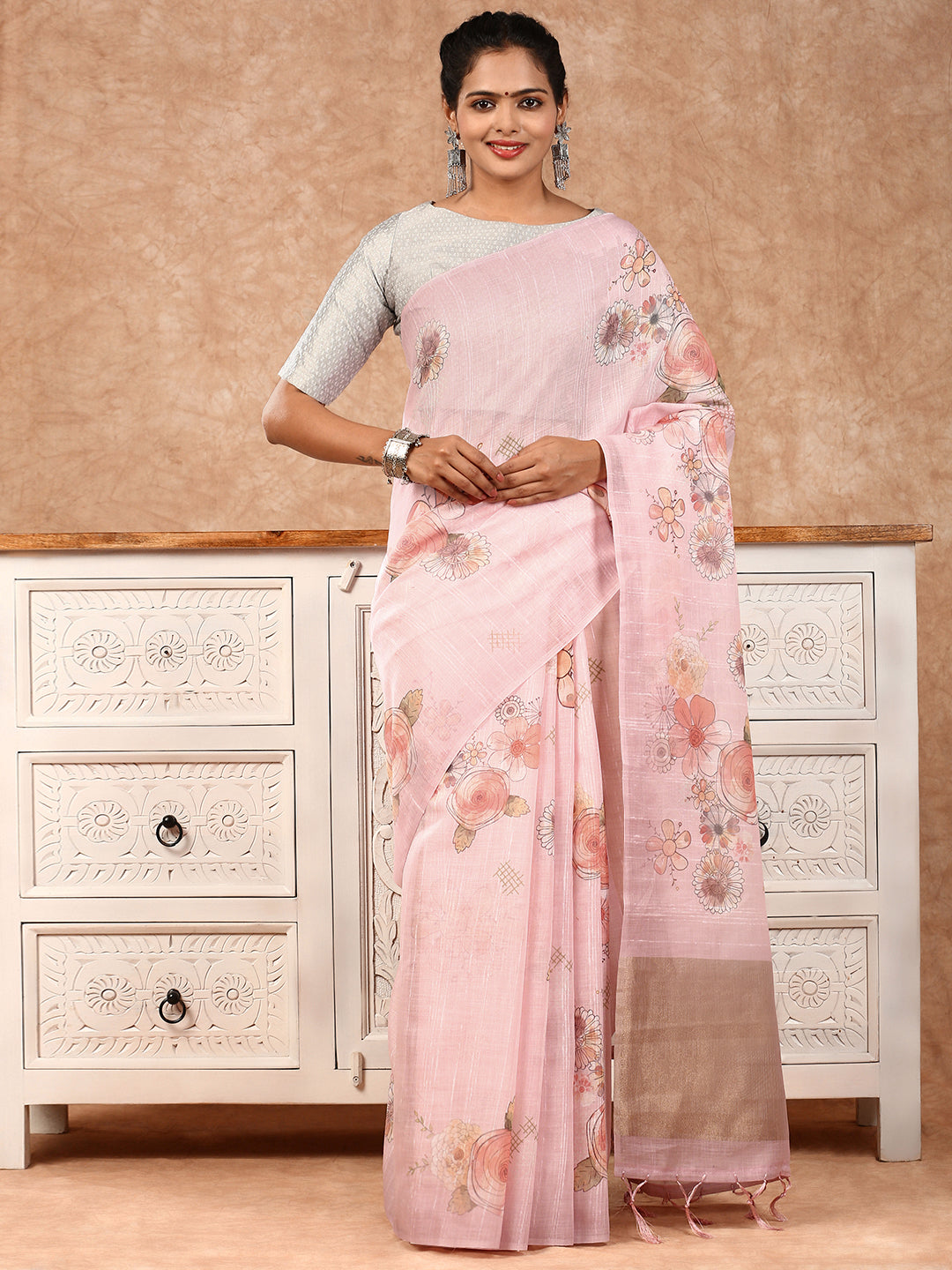 Women Semi Linen Saree Pink SL128