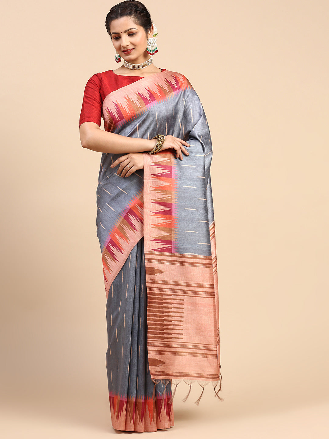 Womens Semi Tussar Weaving Saree Grey ST174