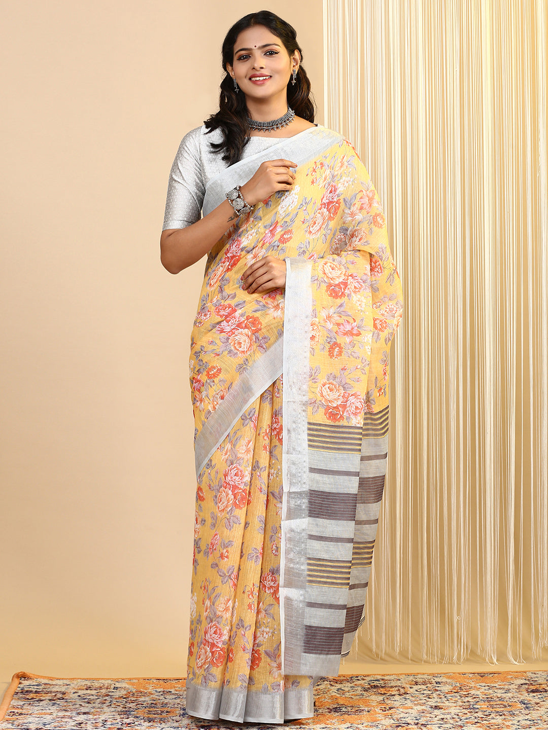 Women Semi Linen Saree Yellow SL163