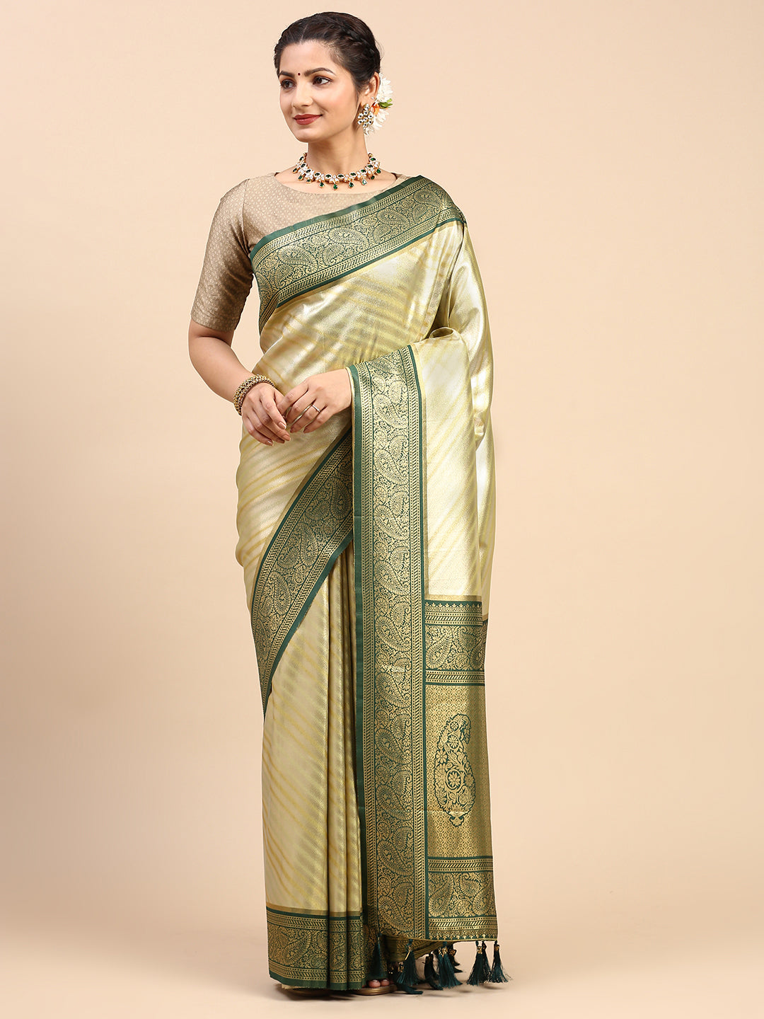 Womens Semi Silk Saree Green SS227