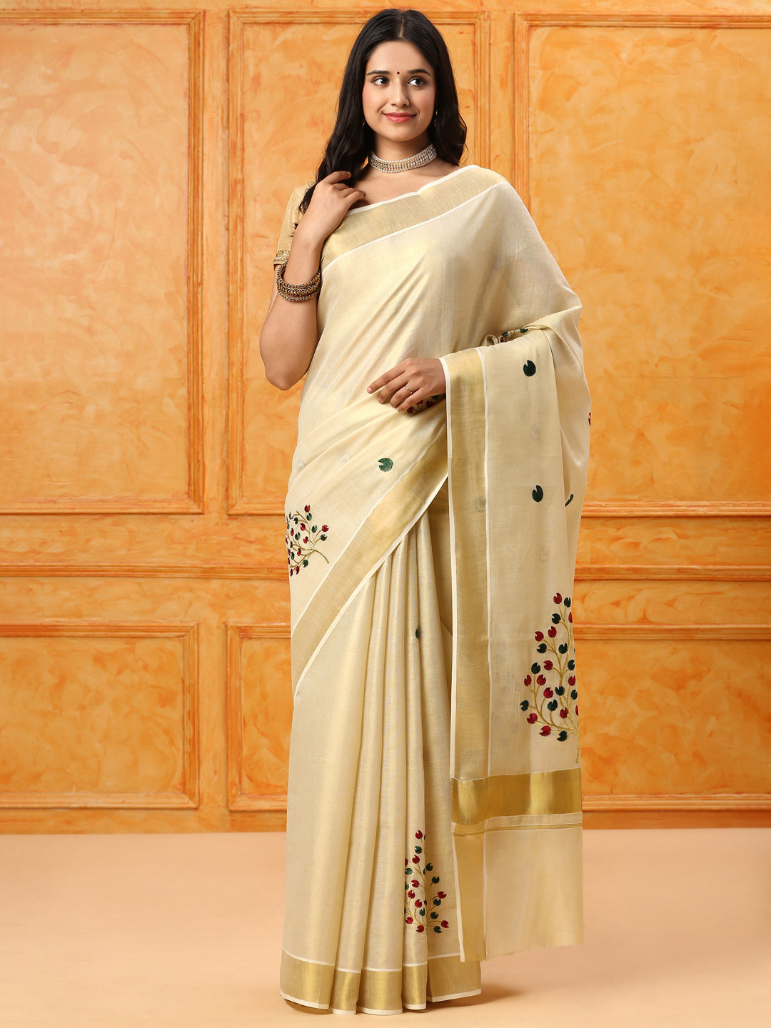 Kerala Cream Gold Jari Embroidery Saree KS108