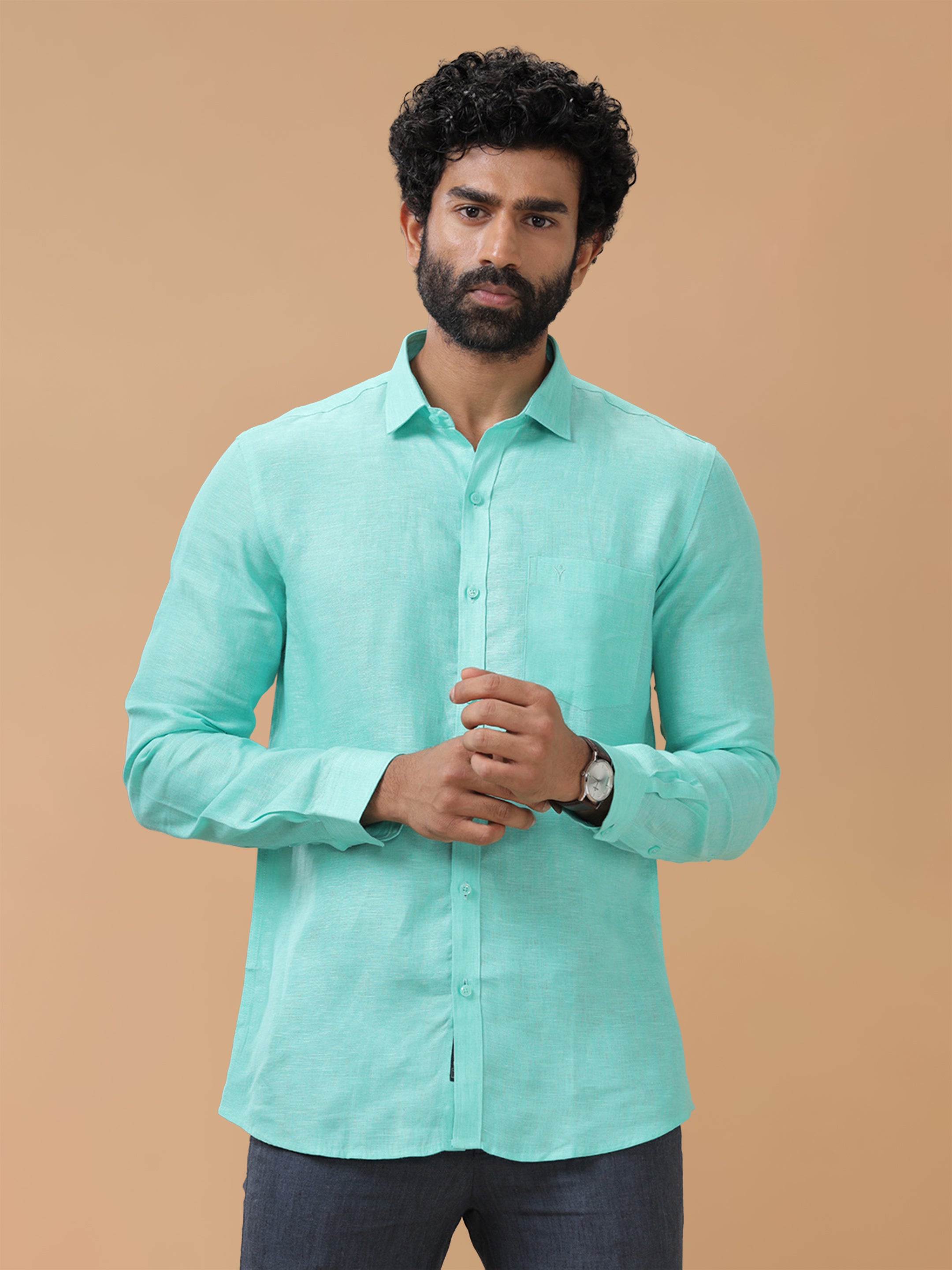 Pure Linen Light Cyan Smart Fit Shirt L13