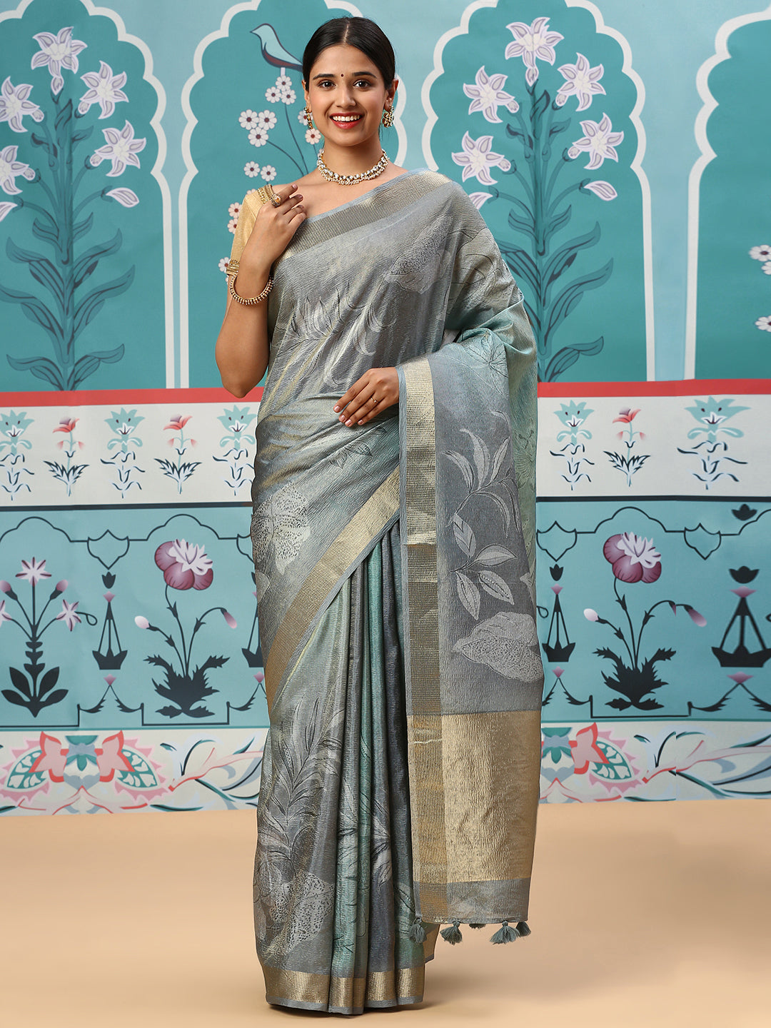 Women Semi Tussar Tissue Saree Blue ST144