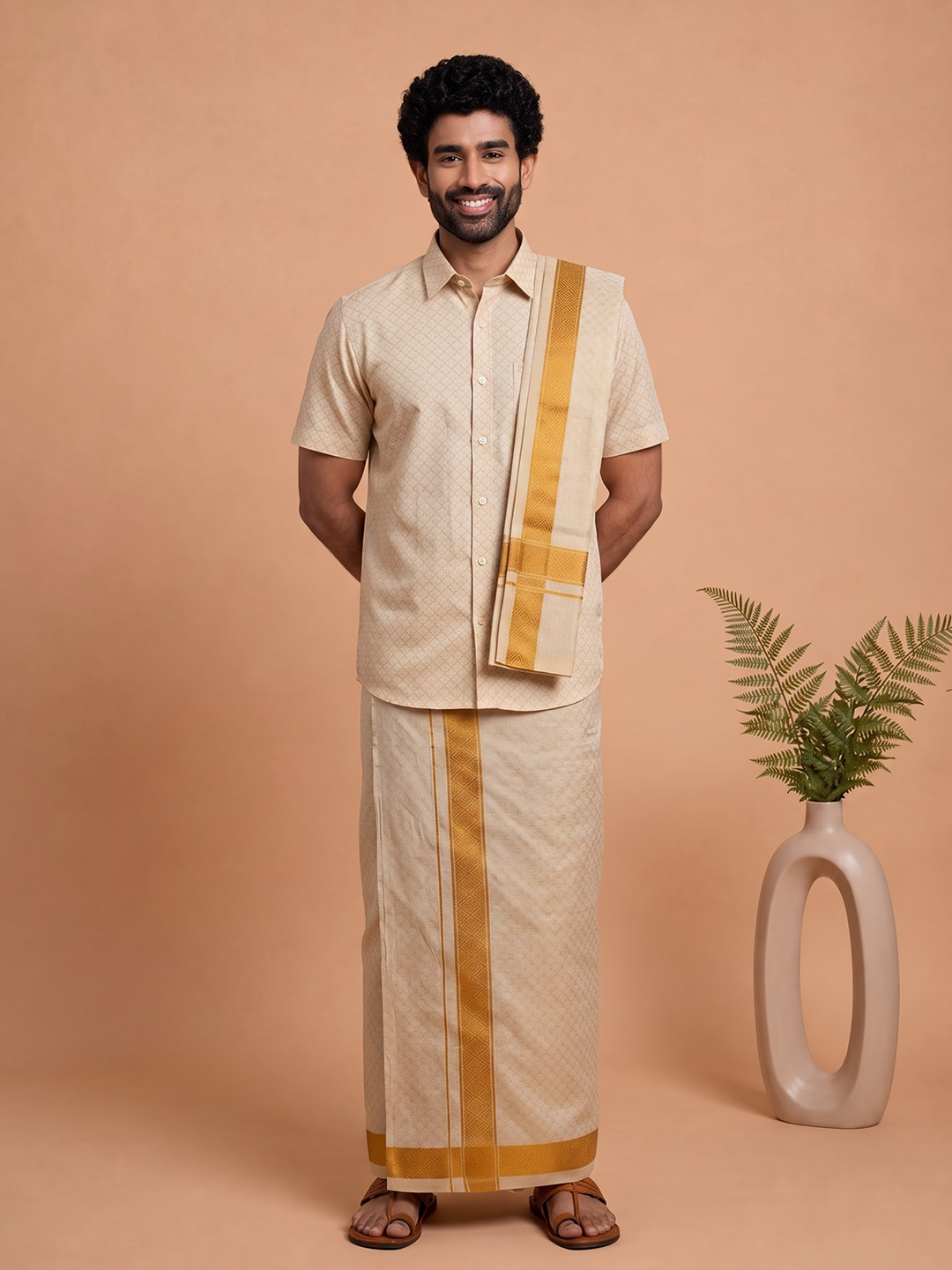 Tissue Gold Jacquard Shirt, Dhoti & Towel Set (3x1) | GD13