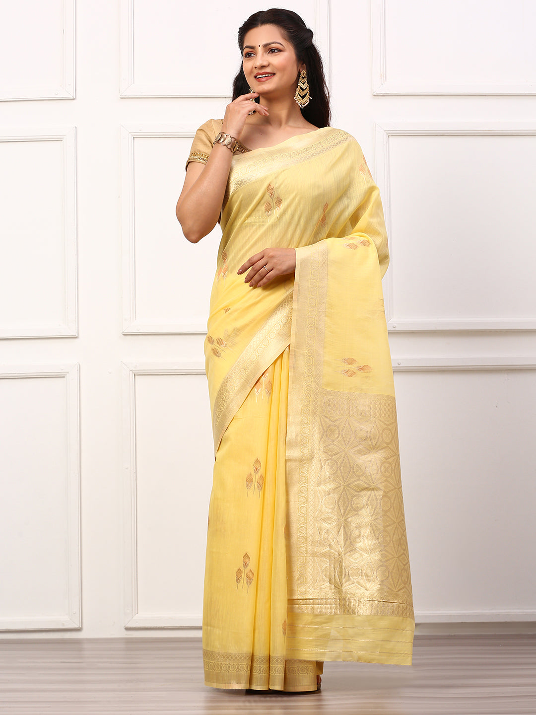 Women Semi Linen Weaving Saree Yellow SL148