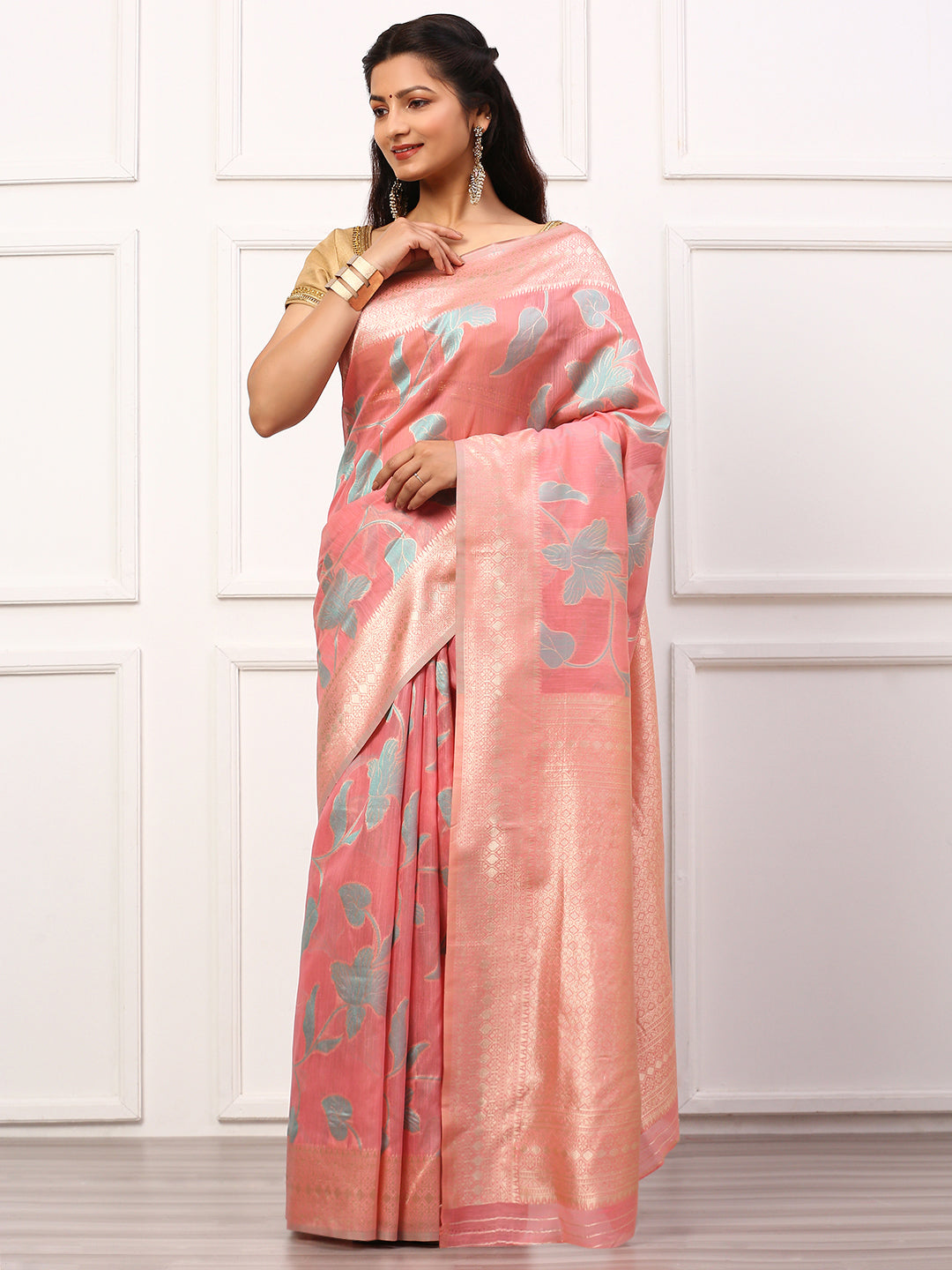 Couple Combo Pink Shirt Dhoti Set With Semi Linen Saree SL135