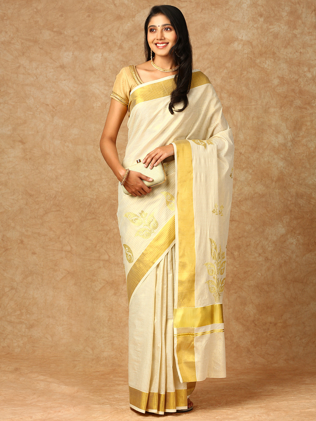 Women Kerala Cream Striped Saree KS156