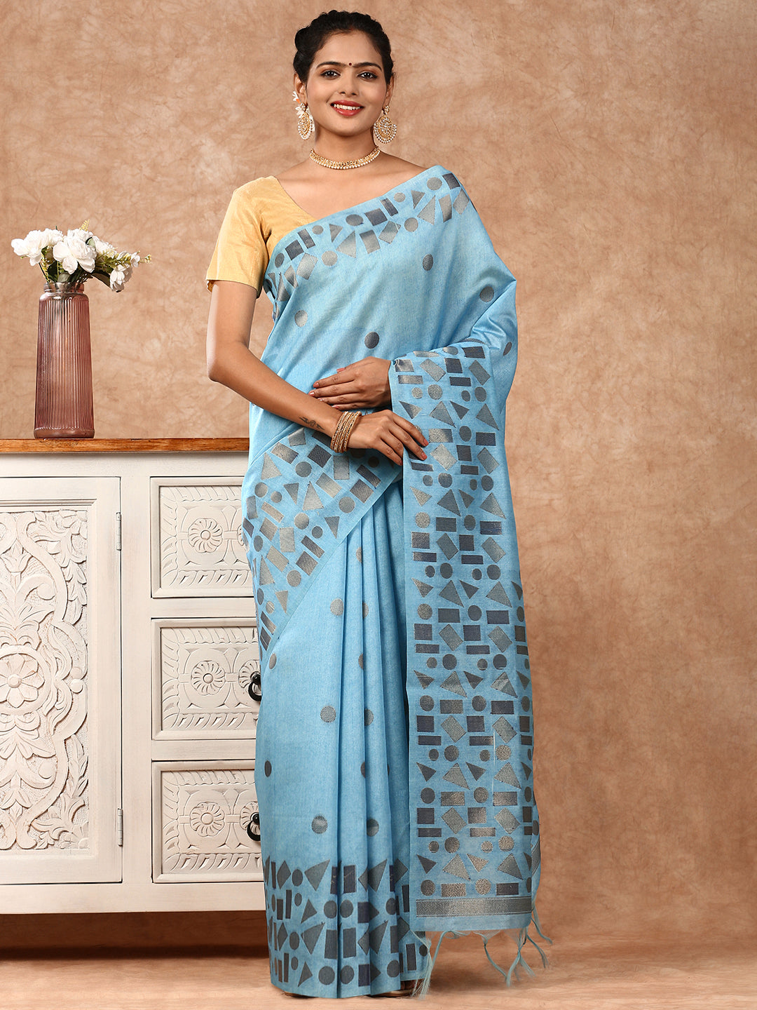 Women Semi Tussar Weaving Saree Blue ST151