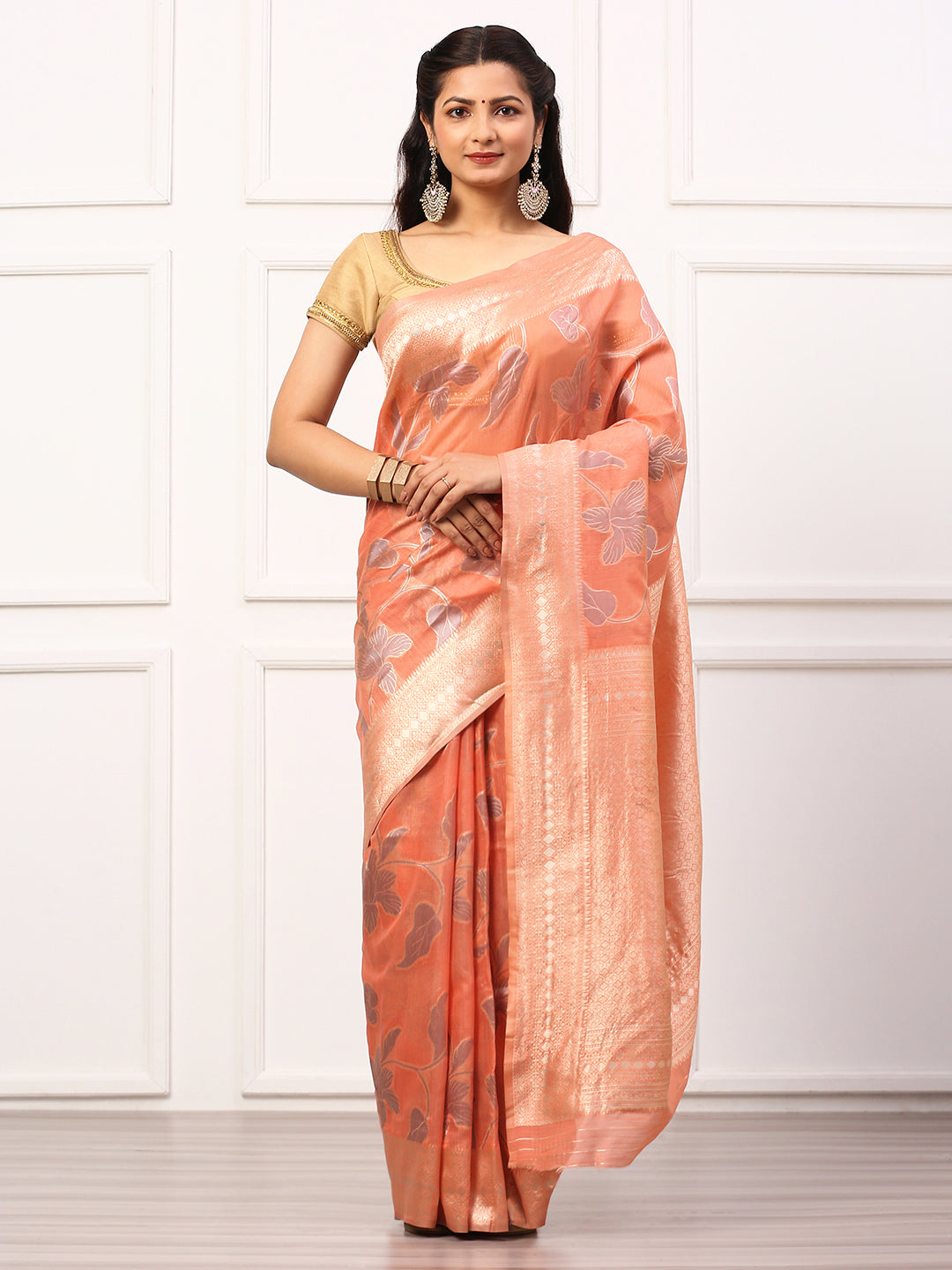 Women Semi Linen Weaving Saree Peach SL149