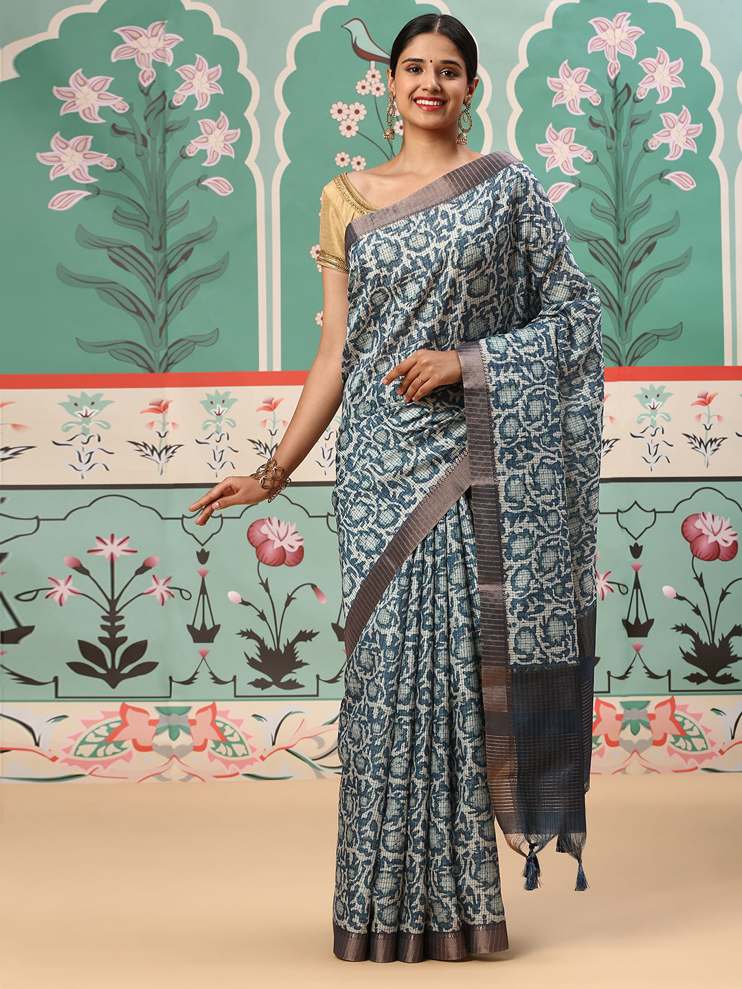 Womens Semi Tussar Saree Blue ST136