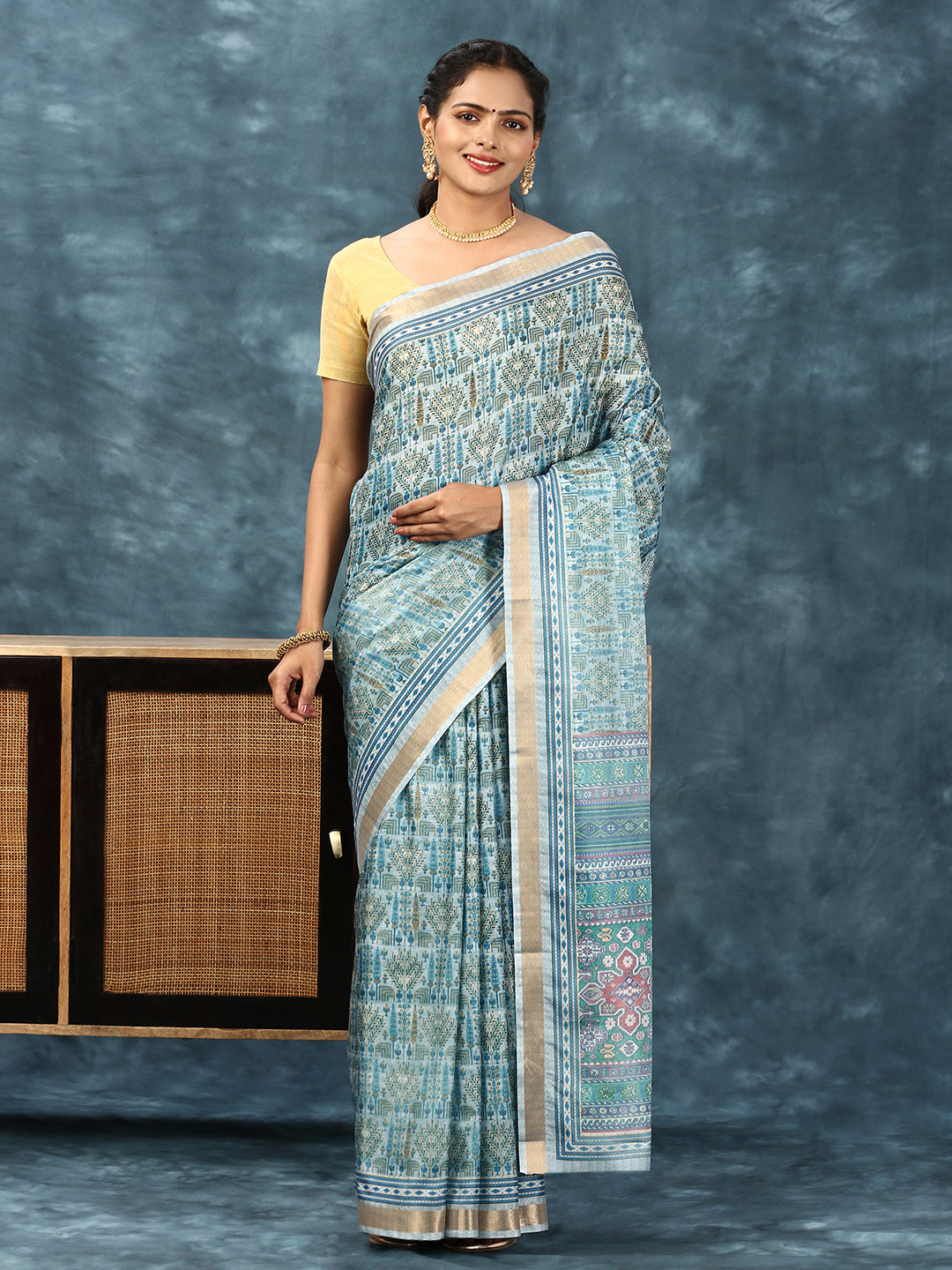 Women Semi Silk Print Saree Blue SS185