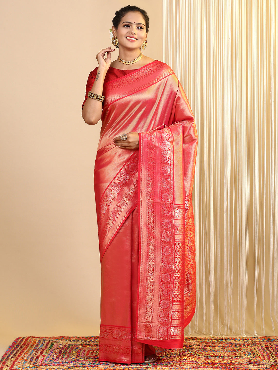 Womens Semi Silk Saree Red SS223