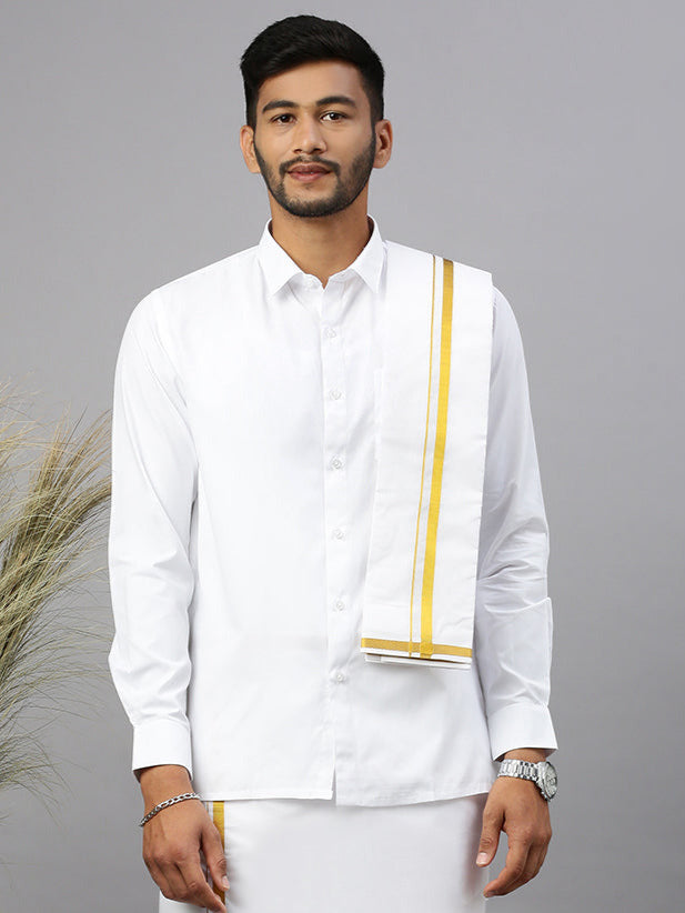 Men White Shirt with 3/4" inch Gold Jari Border Single Layer Dhoti Towel & Belt Combo