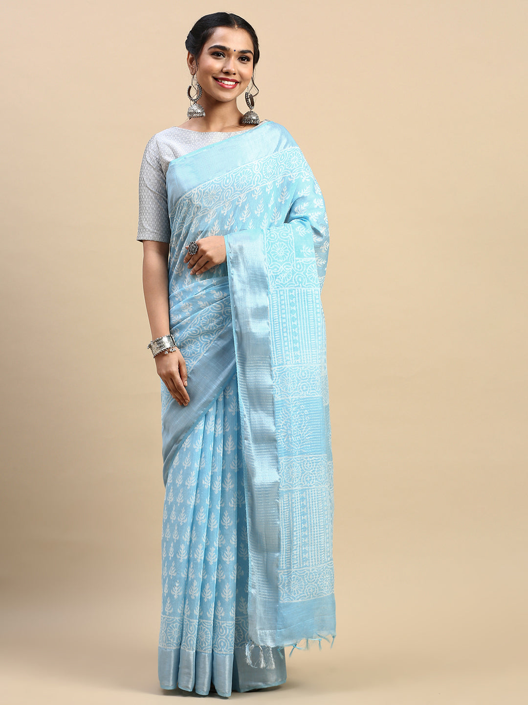 Womens Elegant Blue Flower Printed with Silver Jari Pure Cotton Saree PCS66