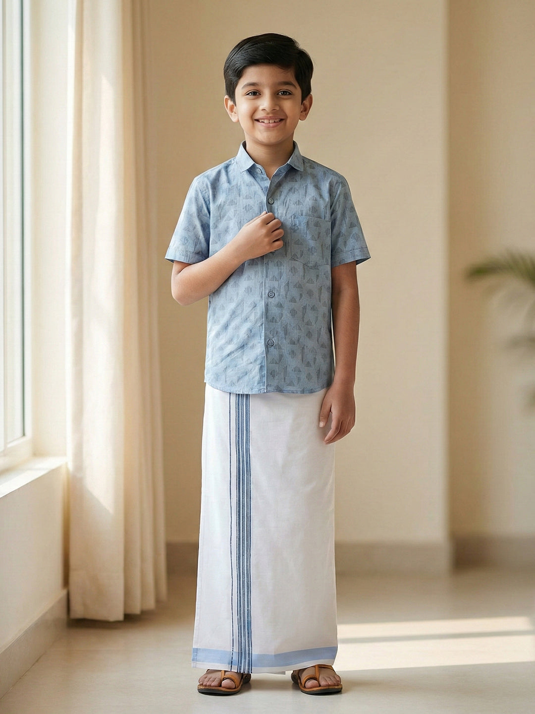 Like Father Like Son Matching Border Dhoti with Printed Shirt Combo Set Light Blue PS23