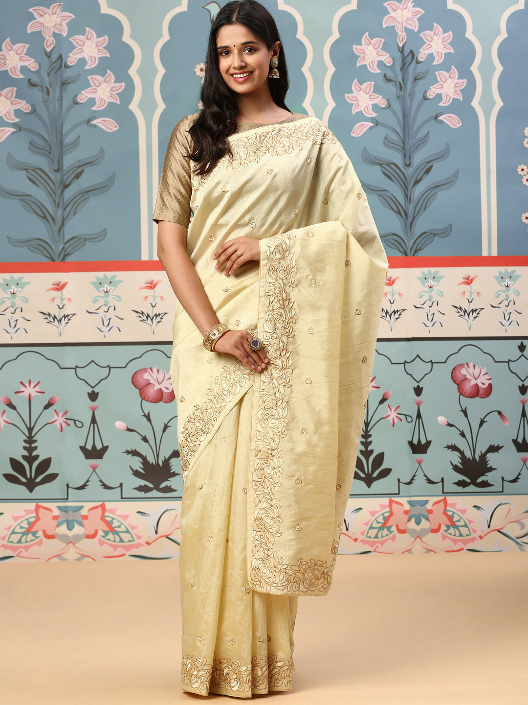 Women Semi Tussar Embroidery Saree Yellow ST143