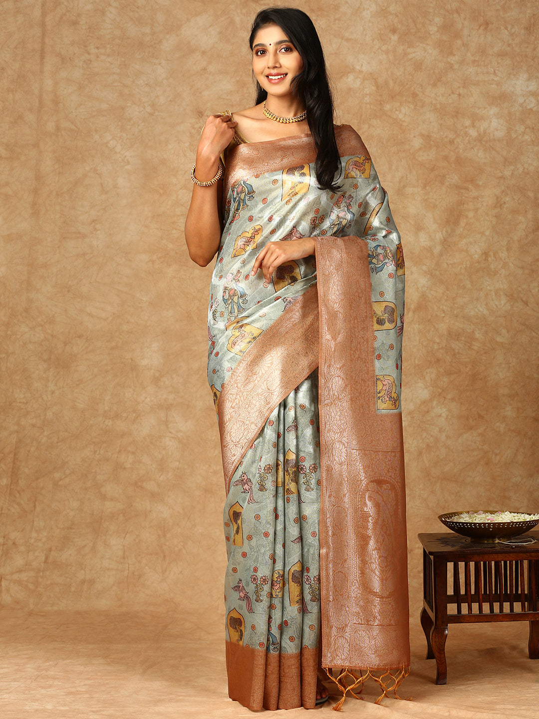 Women Tissue Printed Semi Silk Saree Green SS312