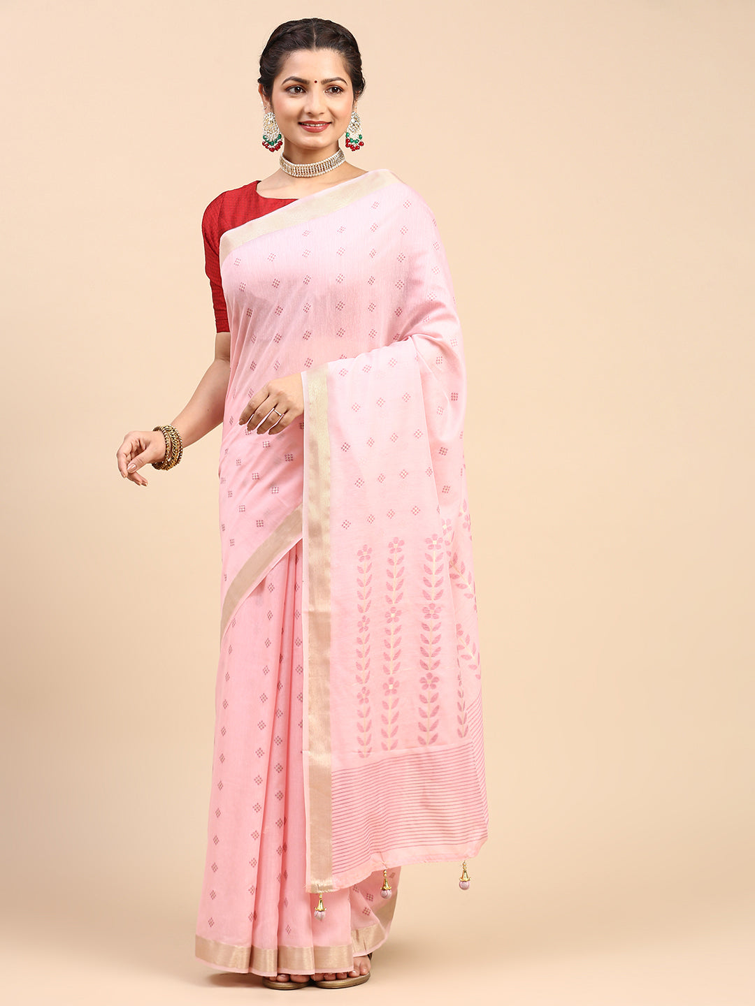 Women Semi Linen Weaving Saree Pink SL150