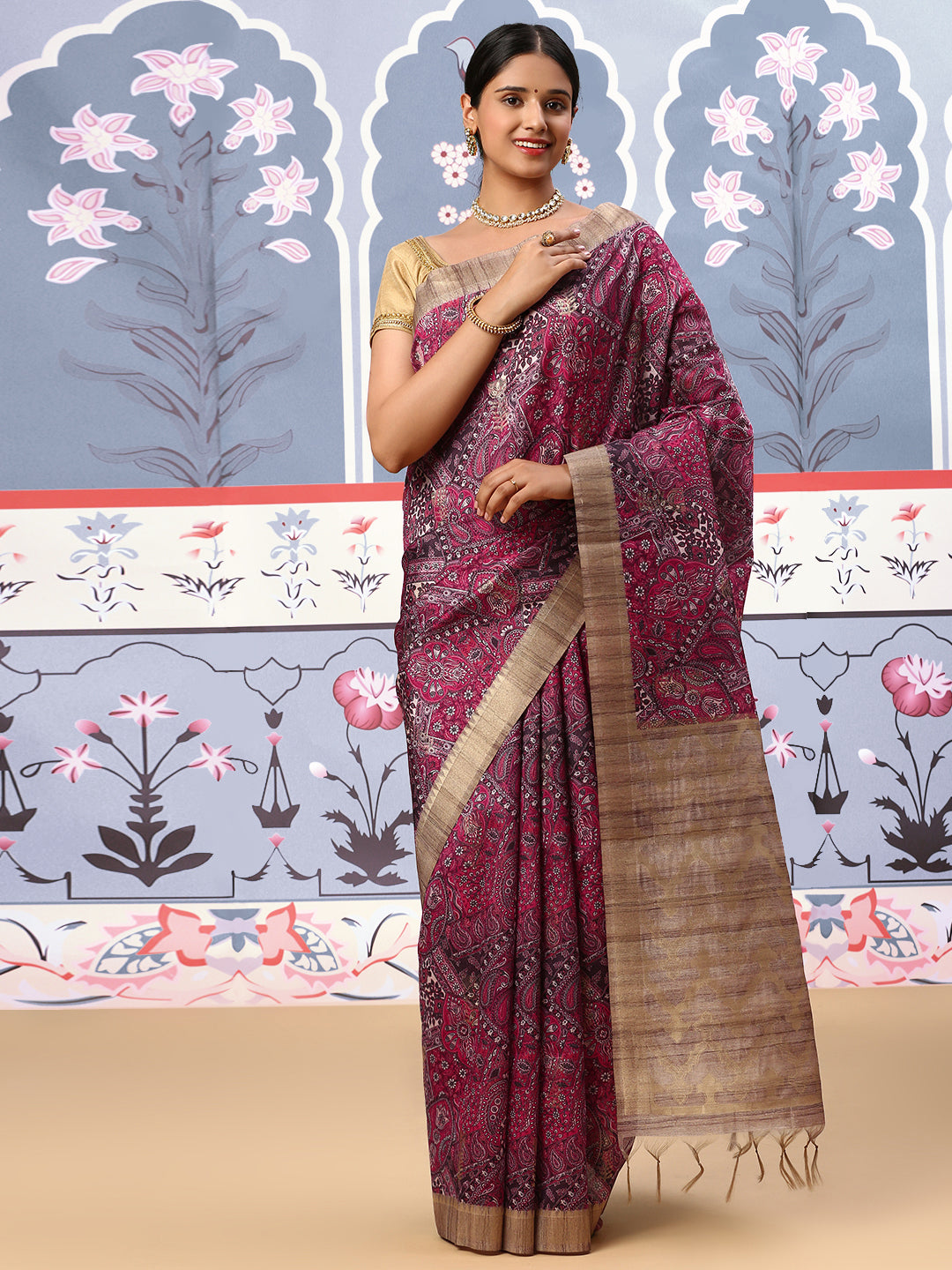 Womens Semi Tussar Weaving Saree Pink ST134