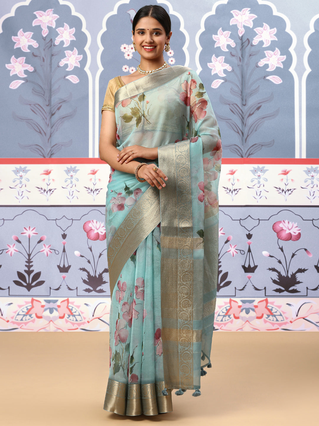 Women Semi Organza Printed Saree Blue SOS25