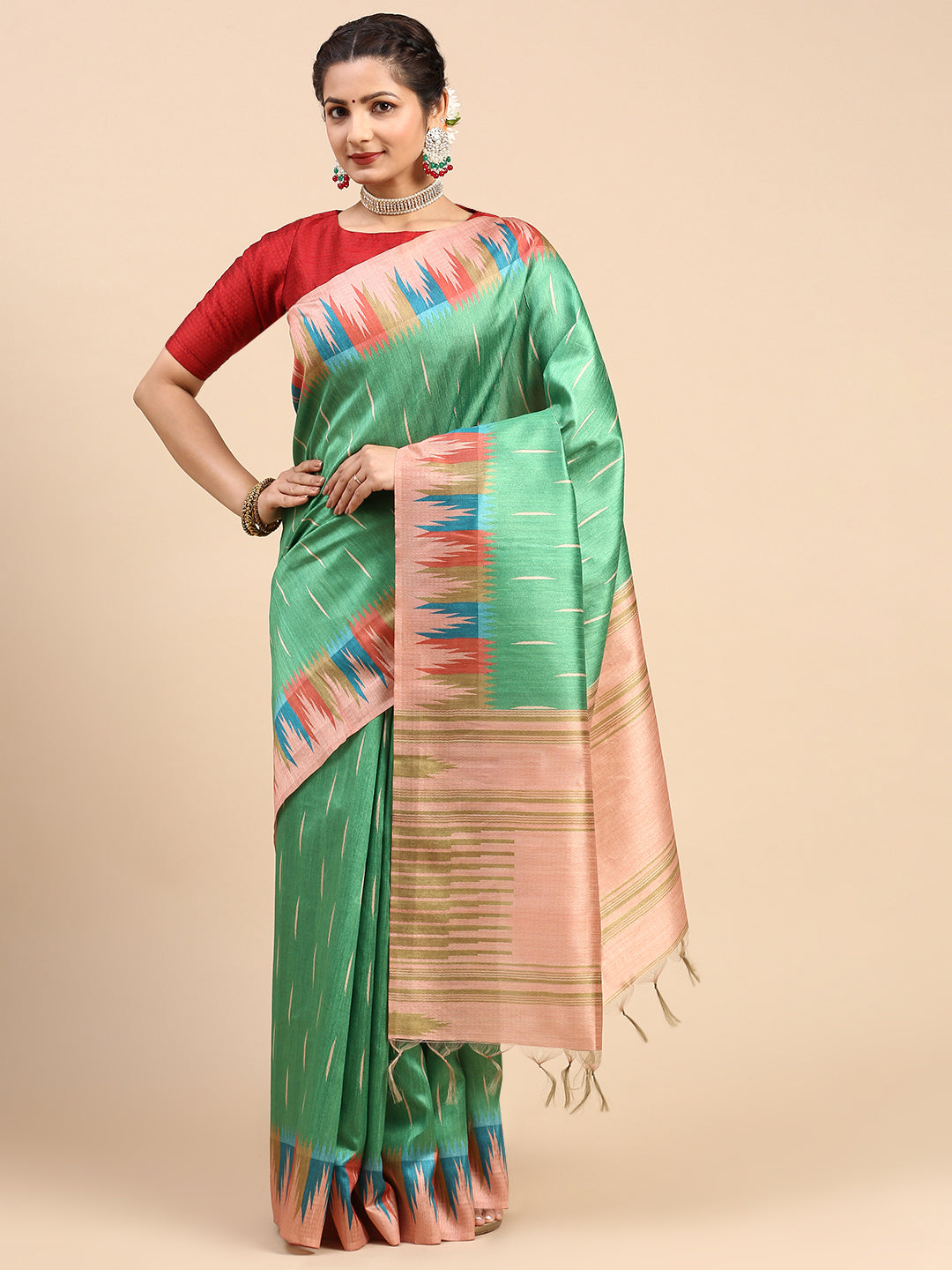 Womens Semi Tussar Weaving Saree Green ST170