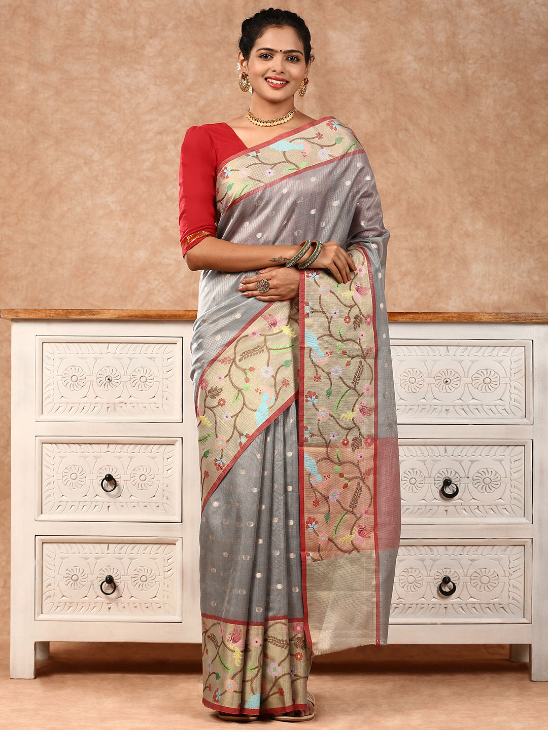 Women Semi Silk Cotton Saree Grey SSC22