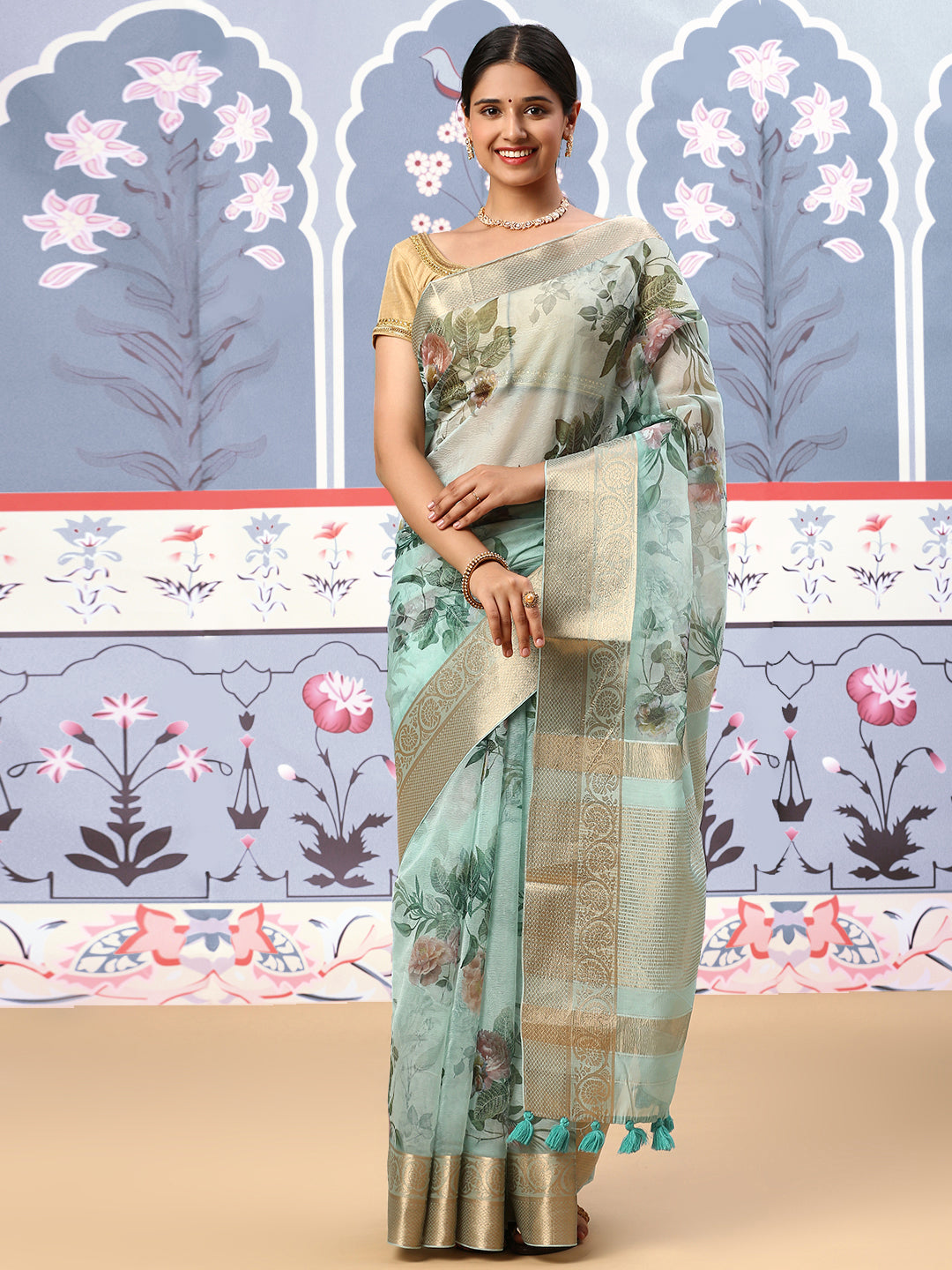 Women Semi Organza Printed Saree Green SOS20