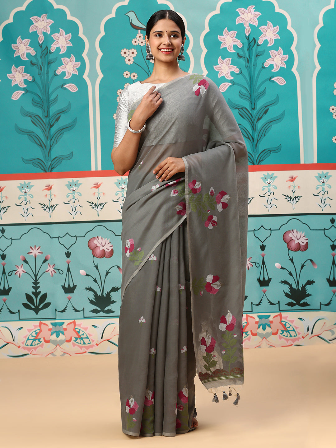 Womens Semi Cotton Saree Grey SCS87