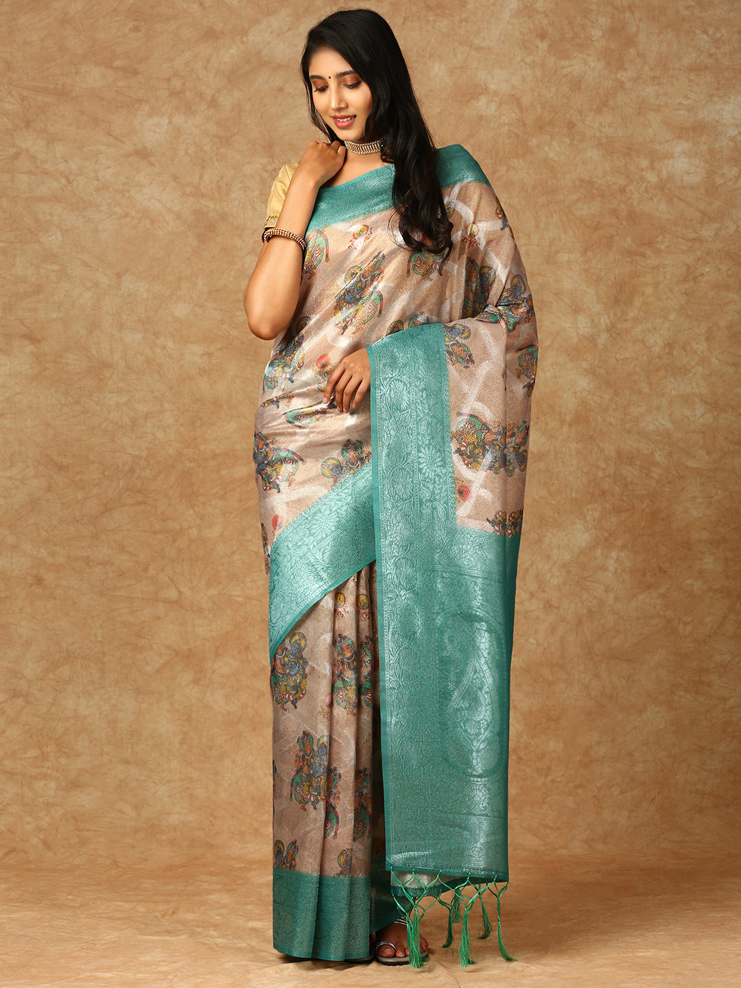 Women Tissue Printed Semi Silk Saree Light Brown SS316