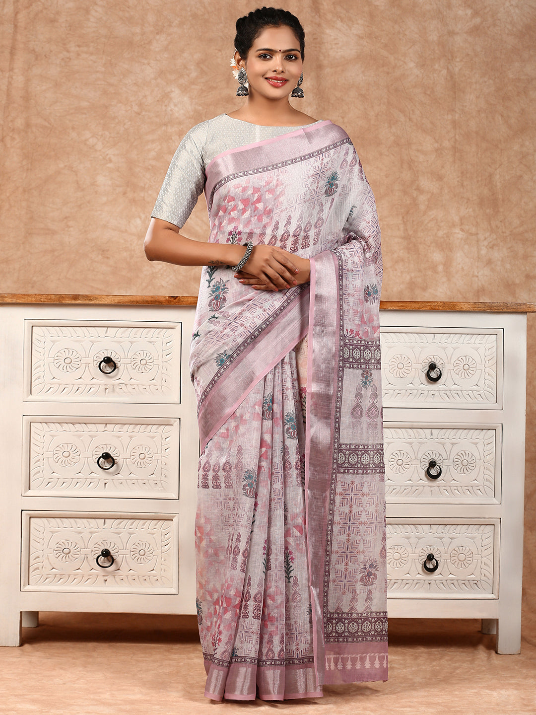 Women Semi Linen Saree Purple SL121