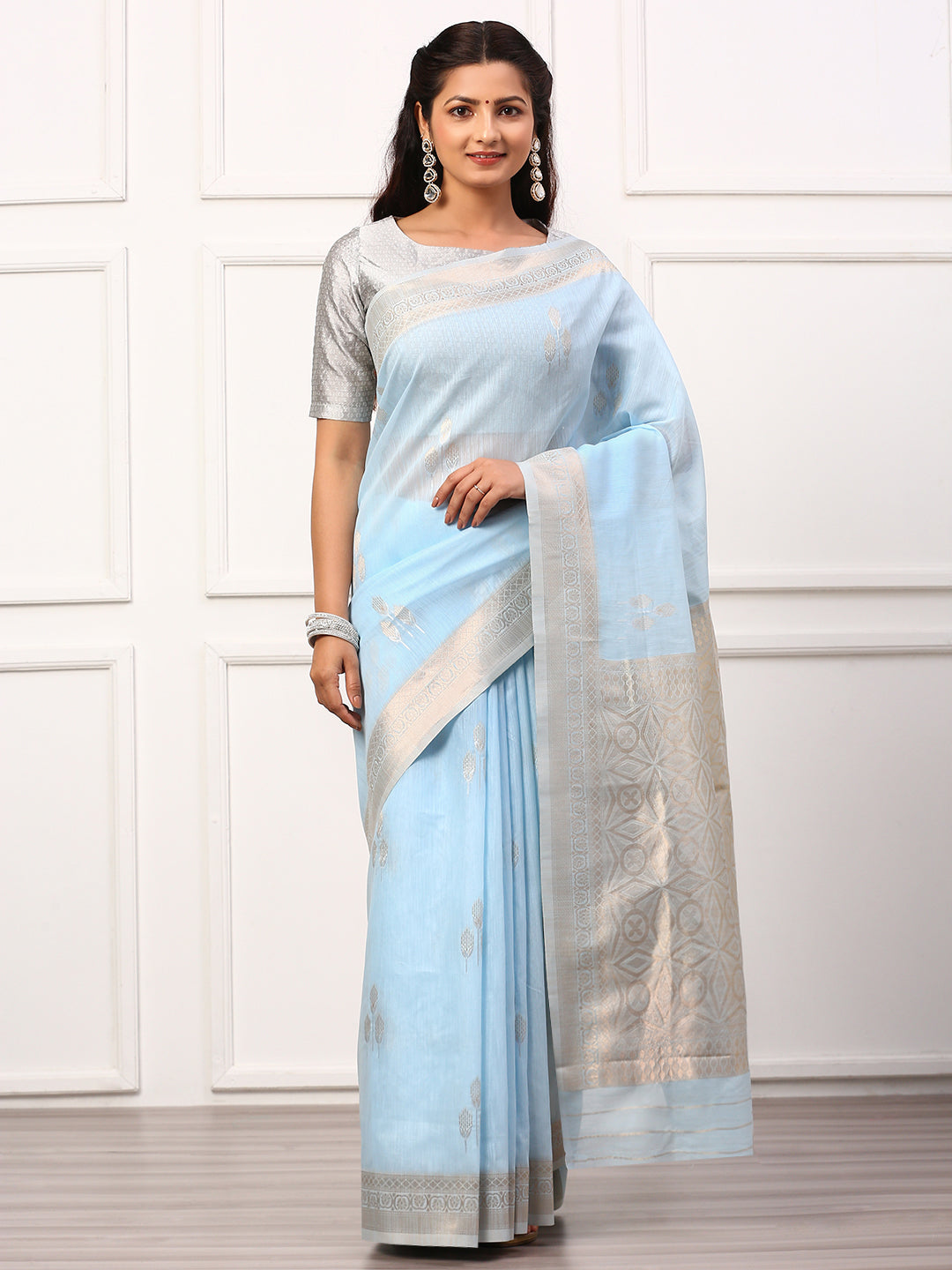 Women Semi Linen Weaving Saree Blue SL140