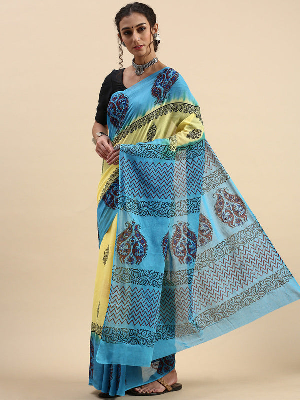 Semi Cotton Printed Saree Yellow and Blue SCS12