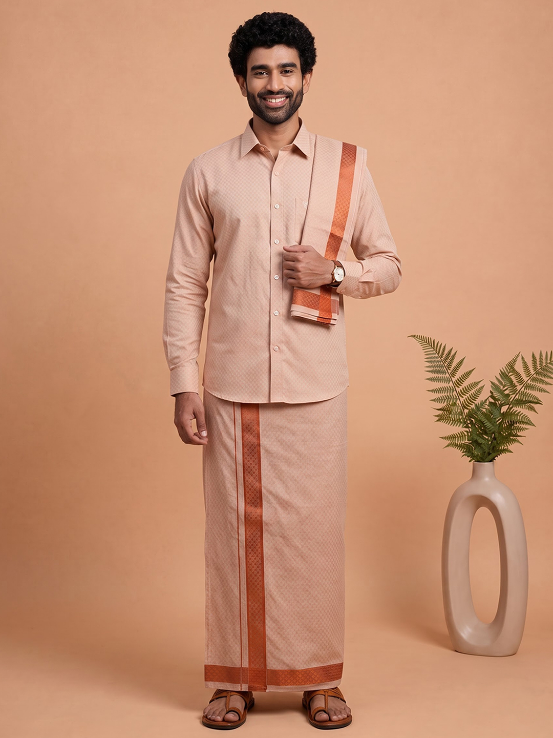 Tissue Copper Jacquard Shirt, Dhoti & Towel (3-in-1)Set | CD12
