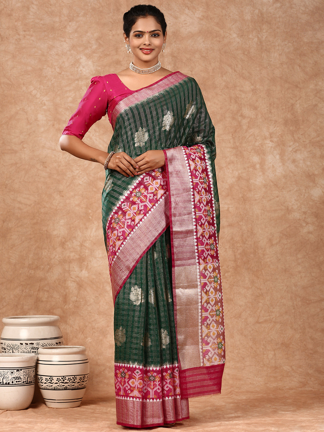 Women Semi Raw Silk Weaving Saree Green SRS83