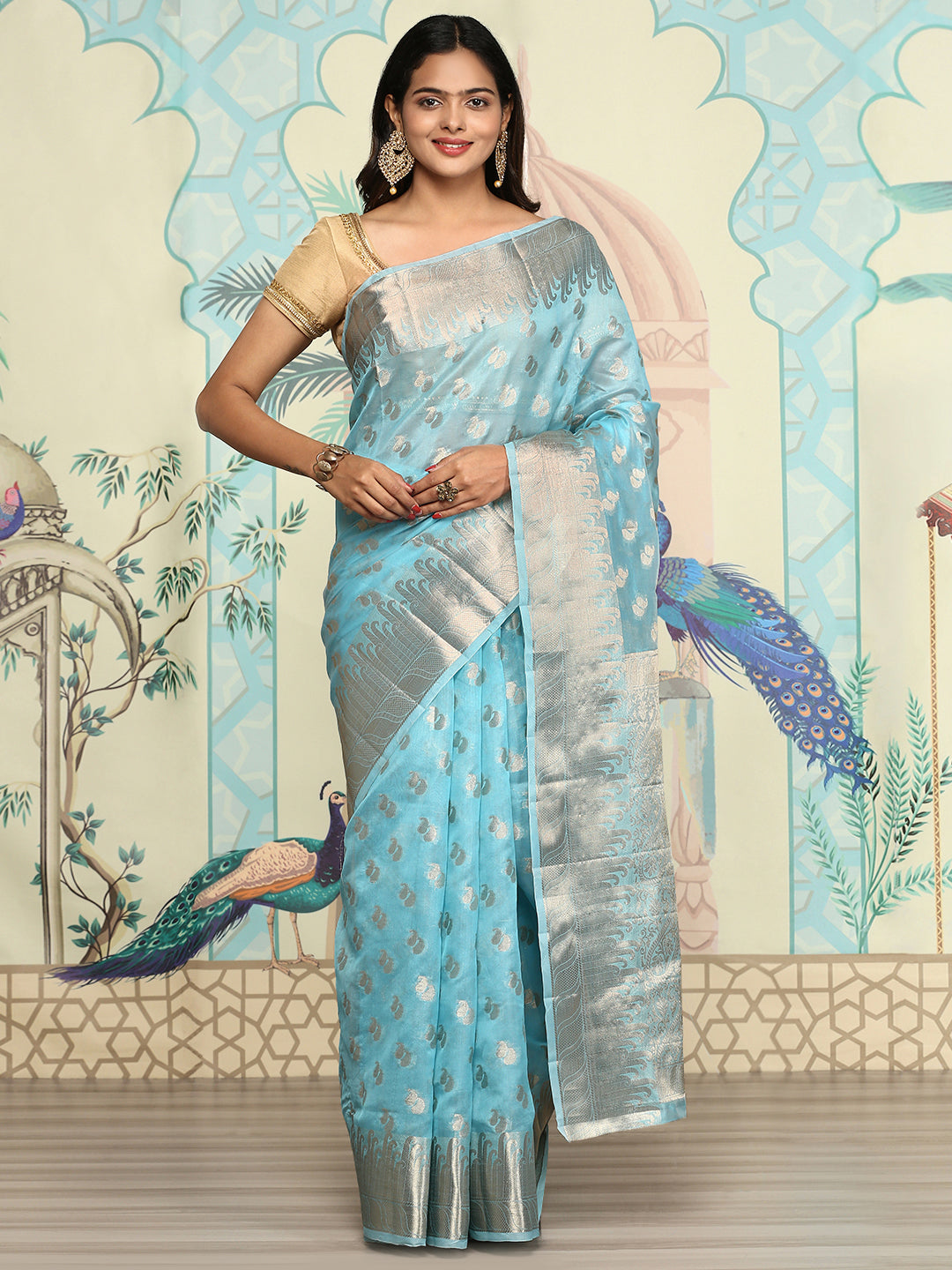 Women Semi Orgenza Weaving Saree Blue SOS13