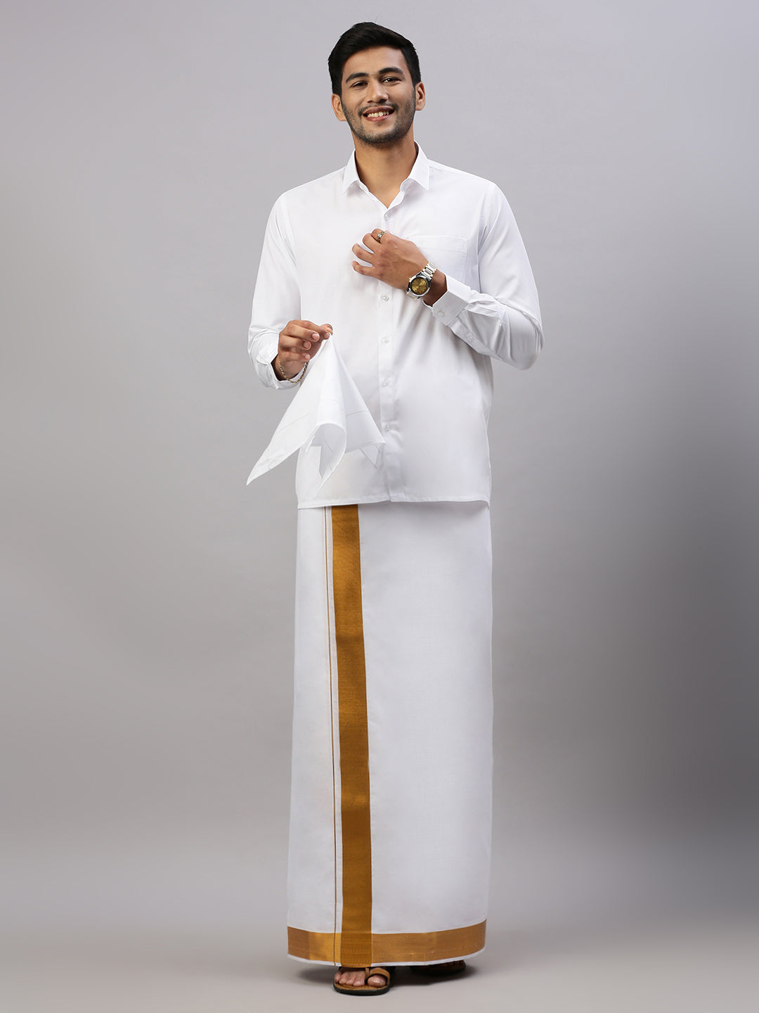 Mens Double Dhoti White with Gold Jari 2" Gold Special Plain