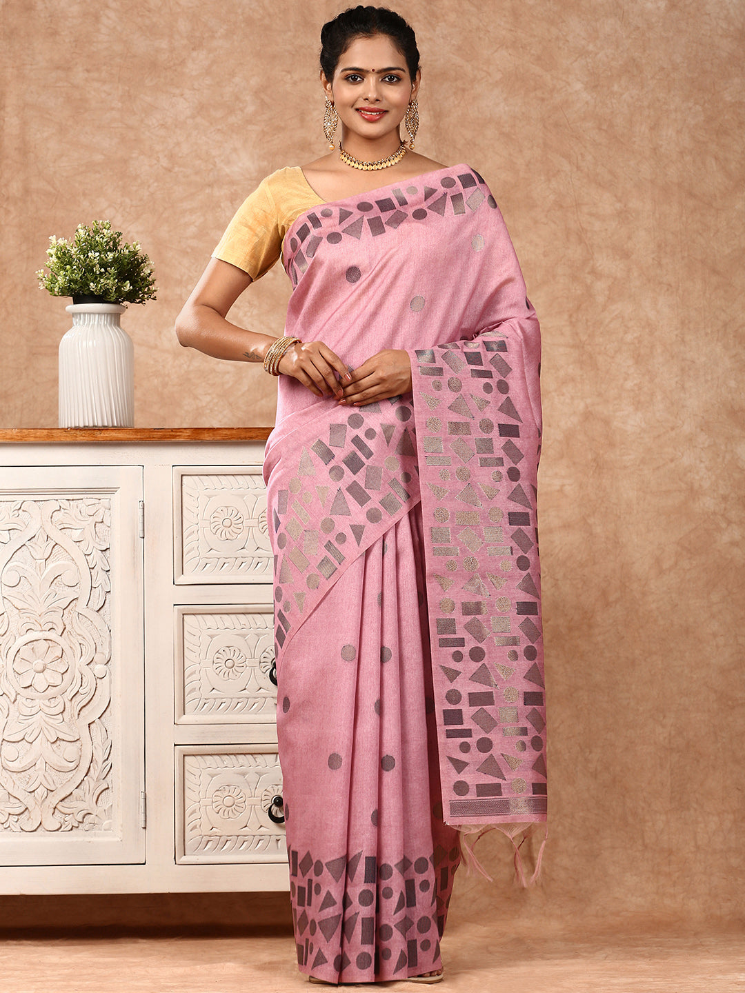 Womens Semi Tussar Weaving Saree Pink ST150