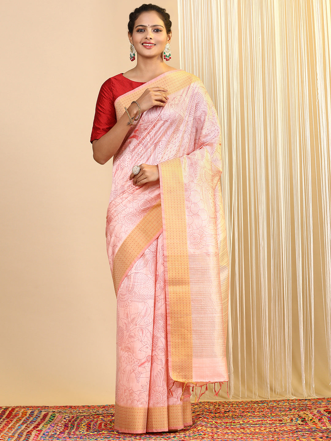 Women Semi Tussar Printed Saree Pink ST179