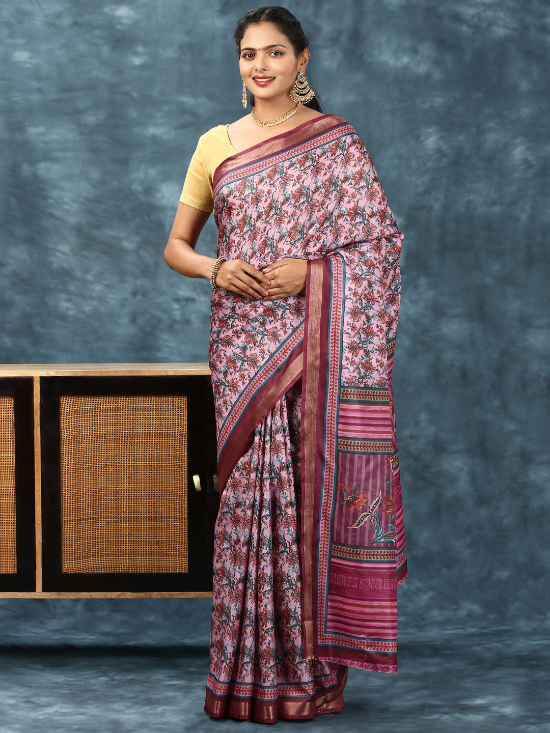 Women Semi Silk Print Saree Pink SS186