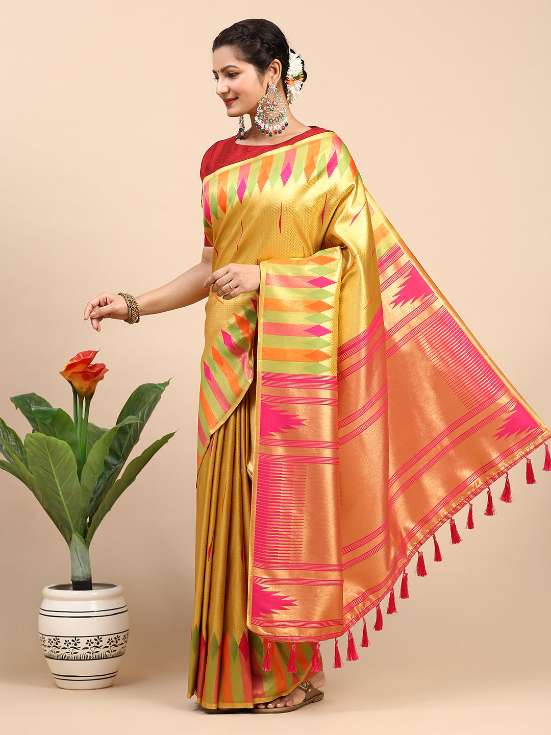 Womens Semi Silk Saree Yellow SS248