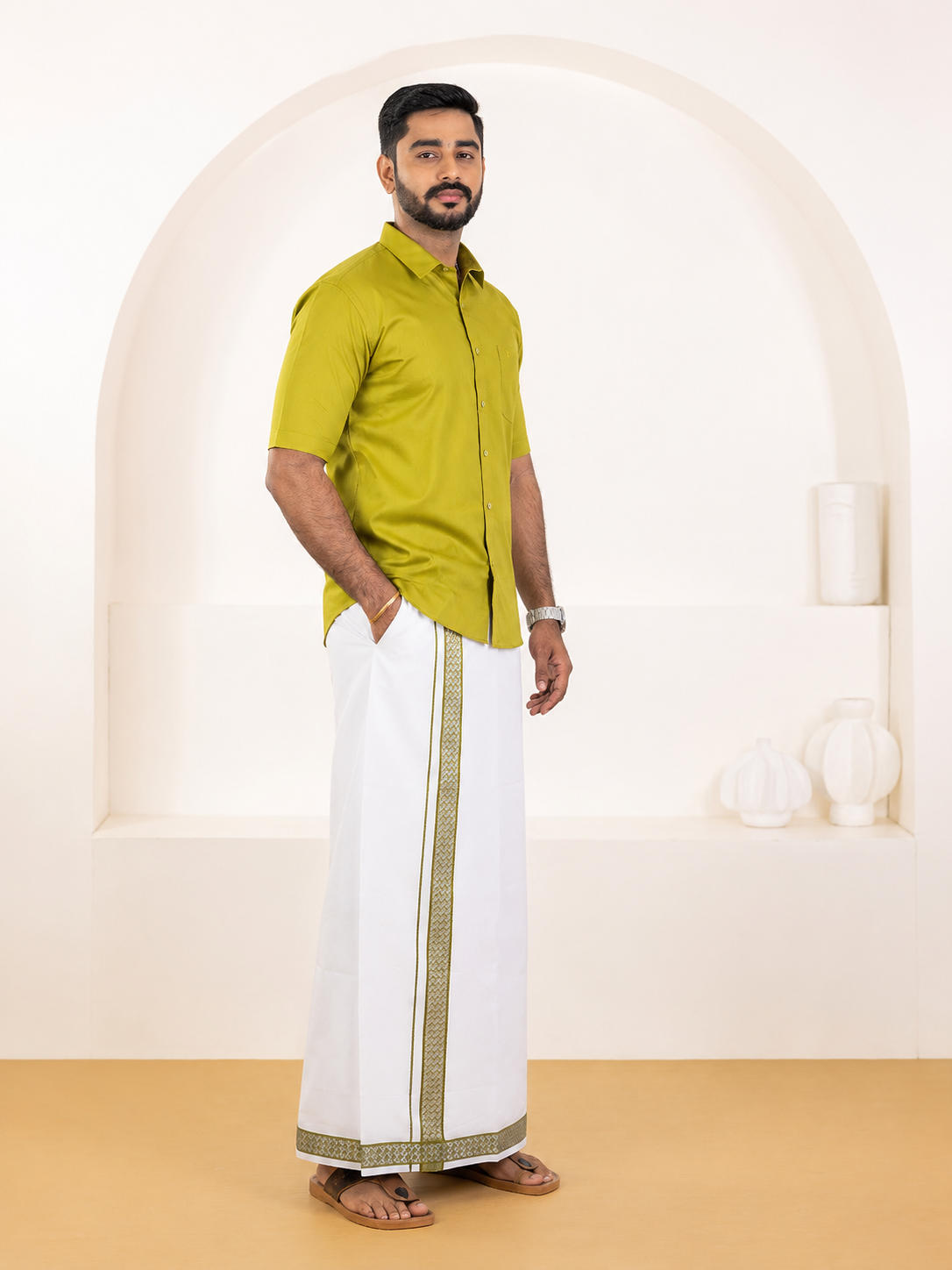100% Cotton Pesto Shirt and Colour Jari Border Dhoti Set BT9