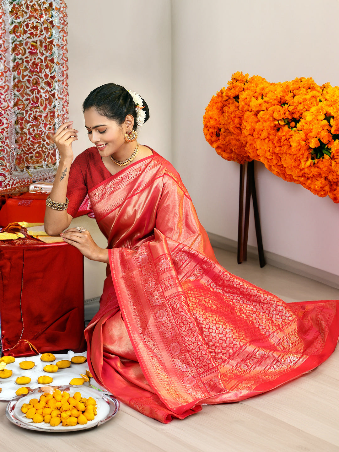 Womens Semi Silk Saree Red SS223