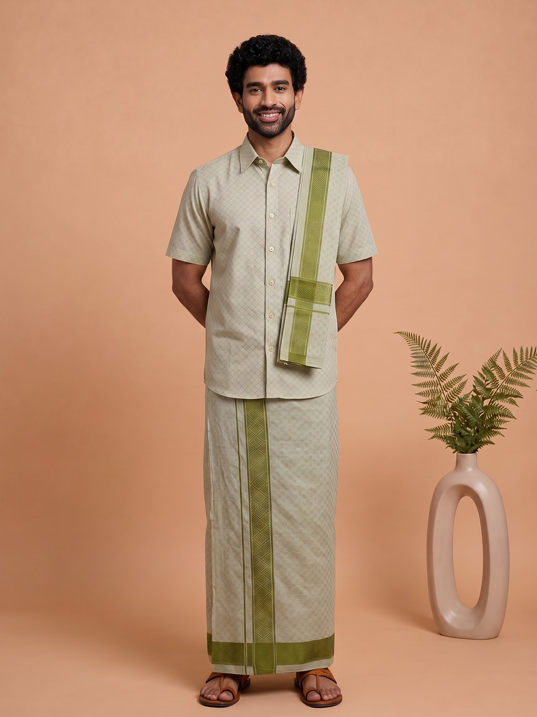 Tissue Moss Green Jacquard Shirt, Dhoti & Towel Set Set (3-in-1) | MGD13