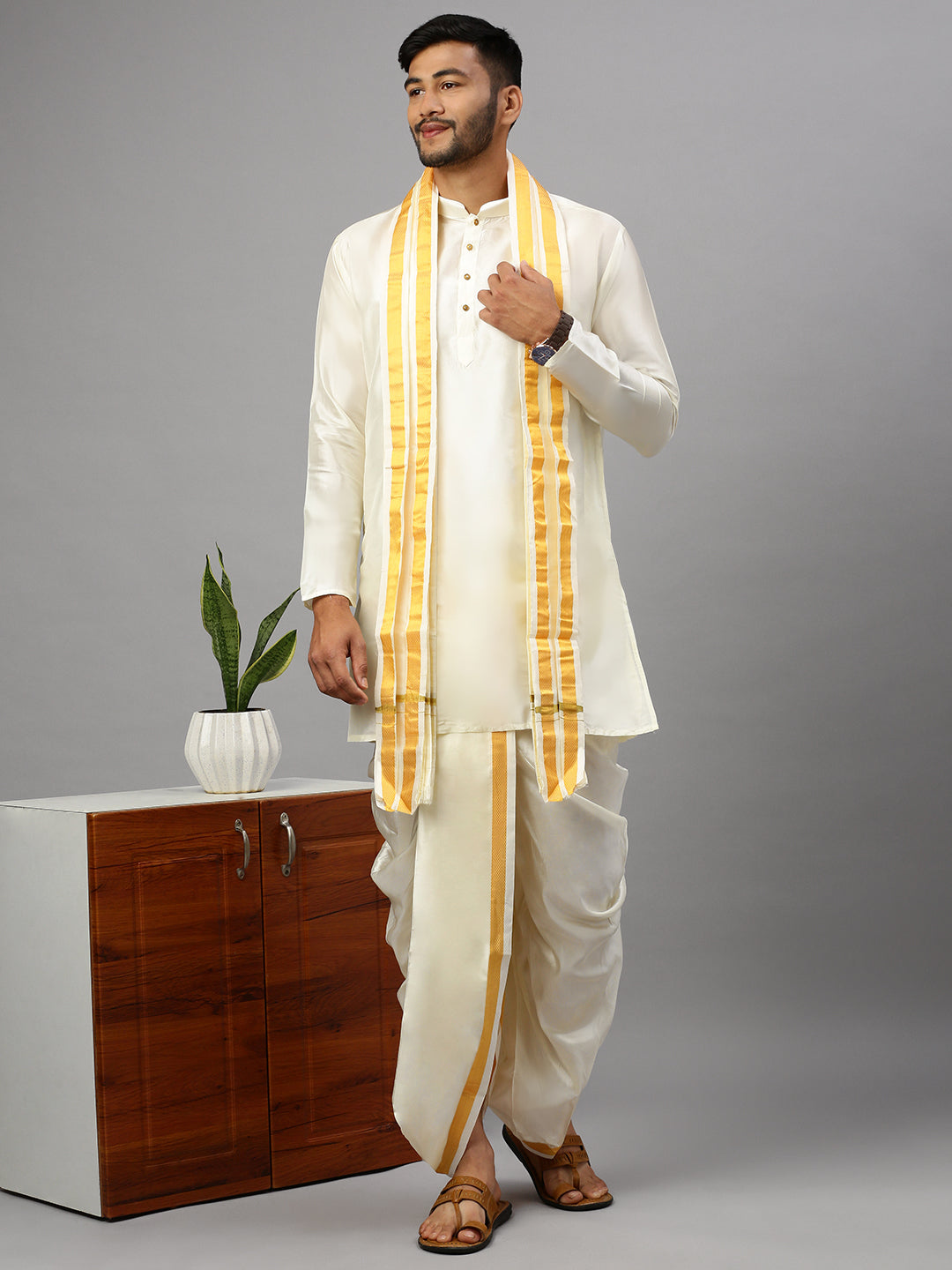 Men Art Silk Cream Kurta Readymade Elastic Panchakacham & Towel set Thirumangalya