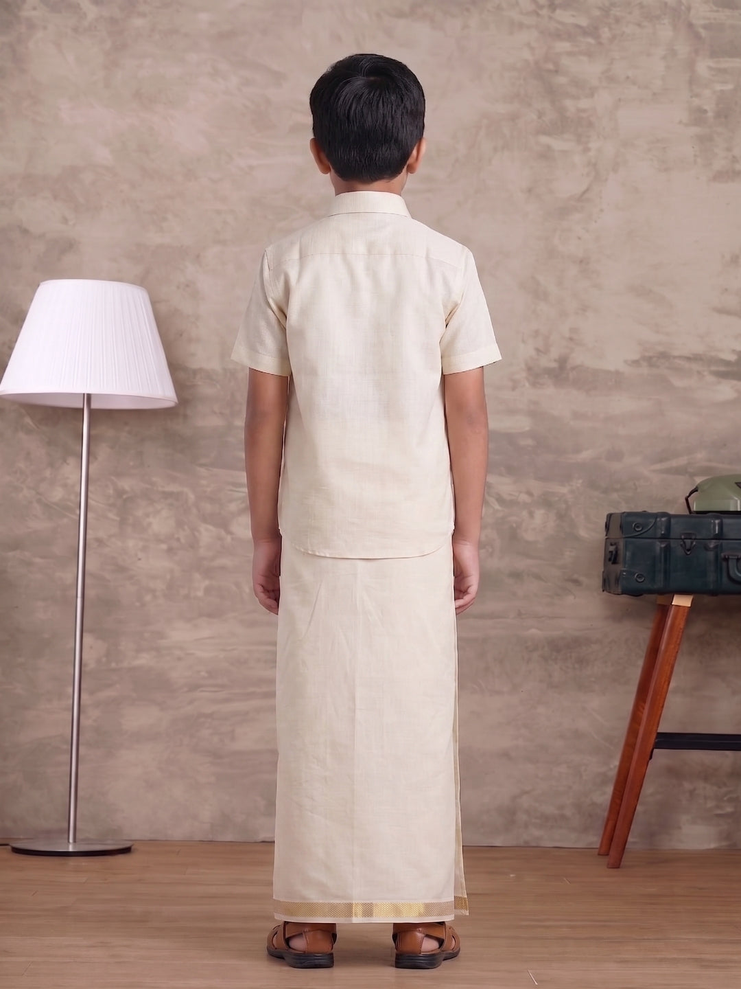 Boys Tissue Antique Gold Shirt & Dhoti Set