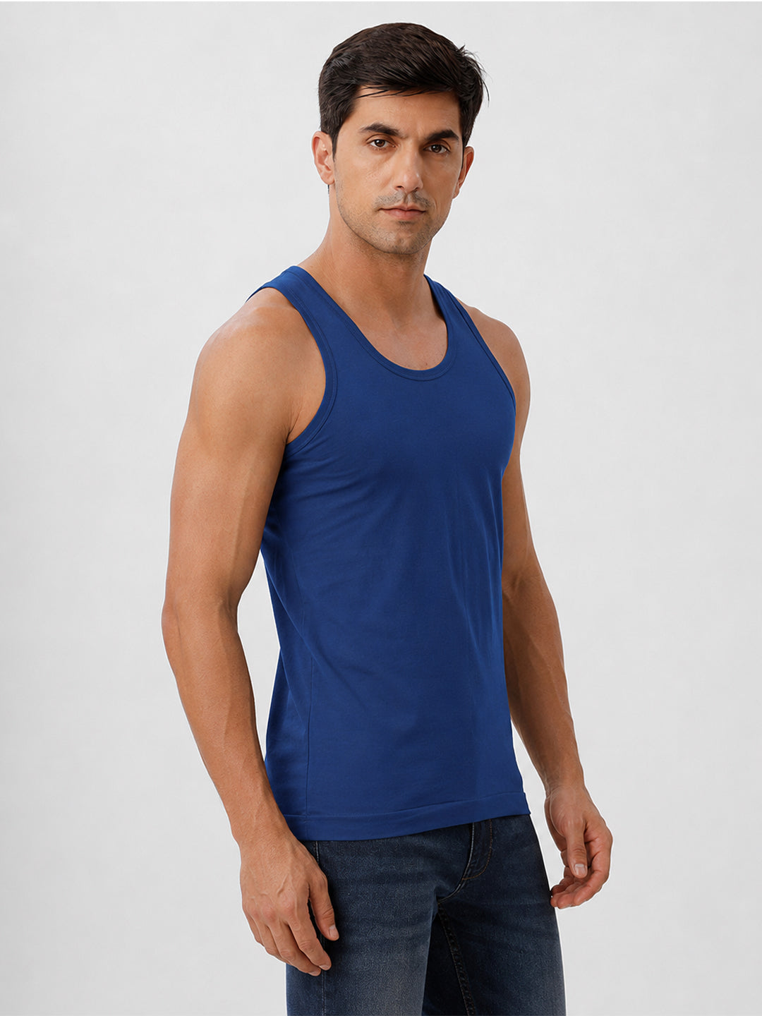 Men 100% Combed Cotton Ocean Blue Vest RN Sukra (Pack of 2)