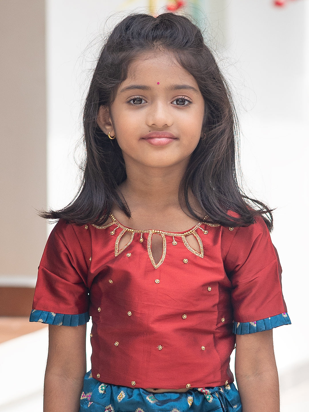 Girls Pattu Pavadai Set Red with Blue Traditional Ethnic Wear GPS34